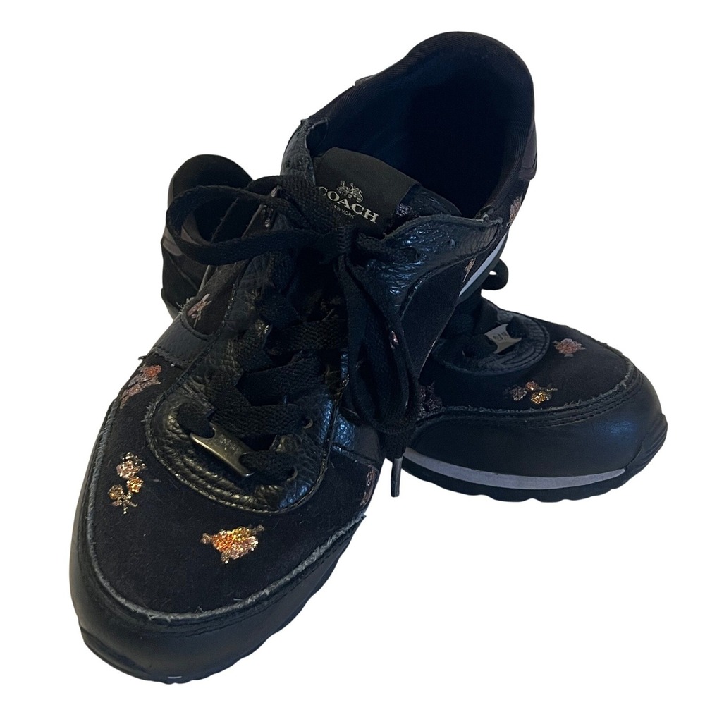 Coach Sneakers Women Black Glitter Floral Leather Suede Low Top